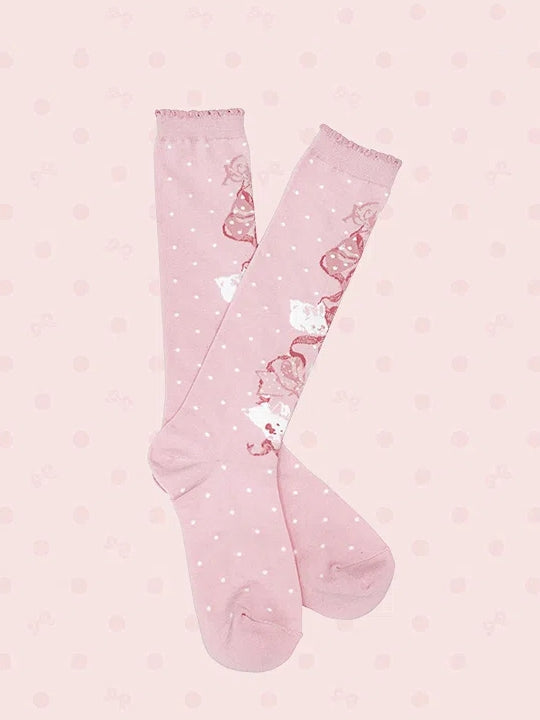 Bowknot Socks Bunny Pattern Calf Pink and