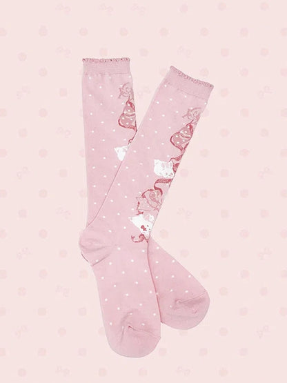 Bowknot Socks Bunny Pattern Calf Pink and