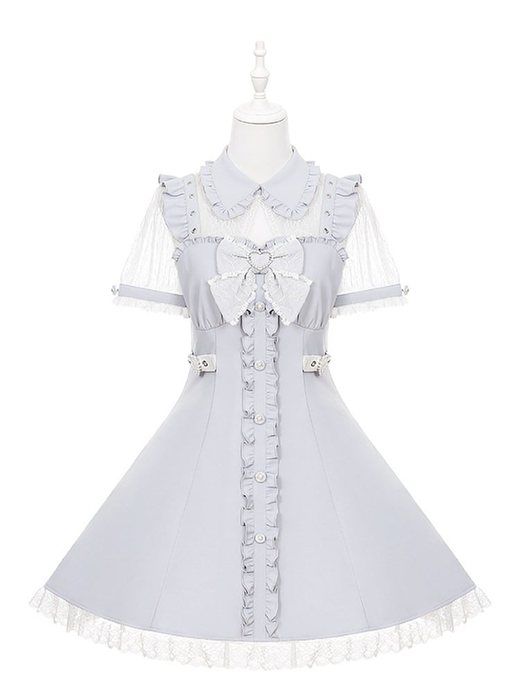 Light Blue Fake Two Piece Lace Patch Short Sleeve Dress - Puppet Bombs