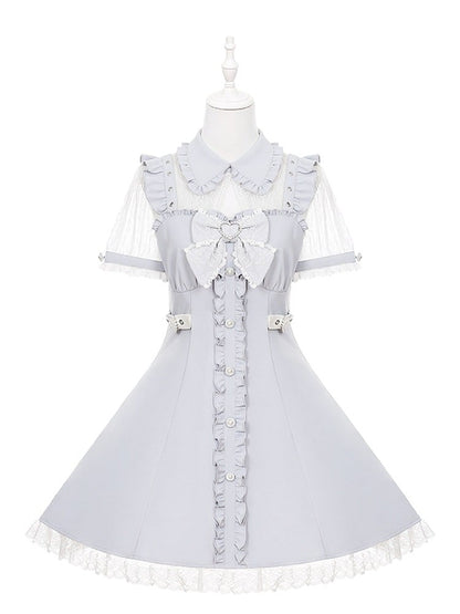 Light Blue Fake Two Piece Lace Patch Short Sleeve Dress - Puppet Bombs