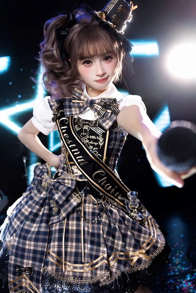 Blue Idol Lolita Plaid JSK Dress with Golden Bear Embroidery and Black Scalloped Hem - LiLi Chain