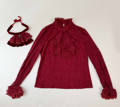 Embroidered Lace Blouse with Velvet V-Neck Coat and Layered Mermaid Skirt - DevilInspired Exclusive Collection