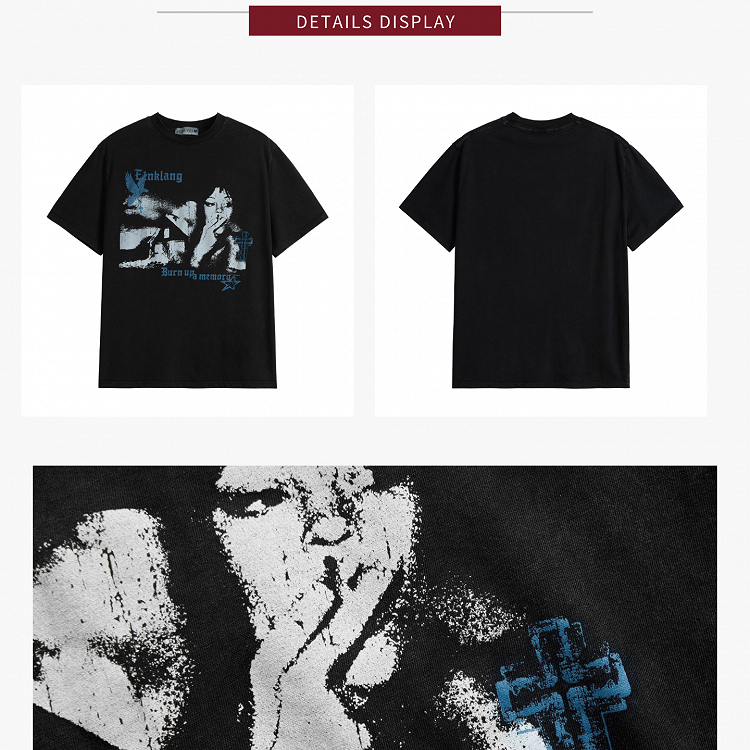 Punk Kawaii Black Round Neck Short Sleeve T-shirt with Portrait Print - KNOW8 Online Shop