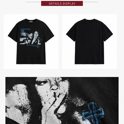 Punk Kawaii Black Round Neck Short Sleeve T-shirt with Portrait Print - KNOW8 Online Shop