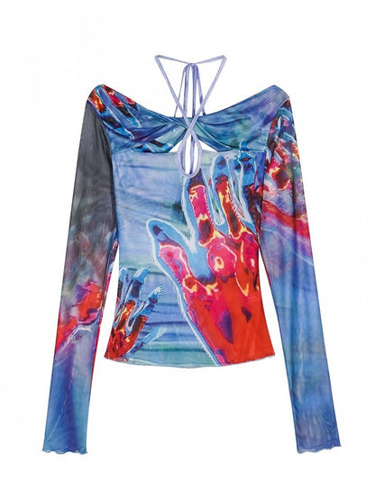 Red Blue Halter Neck Long Sleeve Top with Cut-Outs