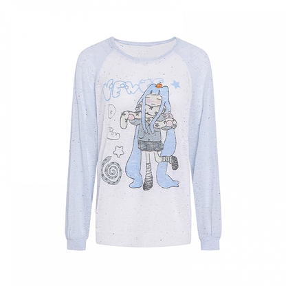 デザインカラーブロックカバーアップ ブルー/ピンク ラウンドネック 漫画ガールプリント セミシアー