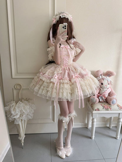 / Multi-Layer Ballet-Style Large Cute Only JSK Dress with Lace Train + Skirt Bow Details Pink Princess Ribbon