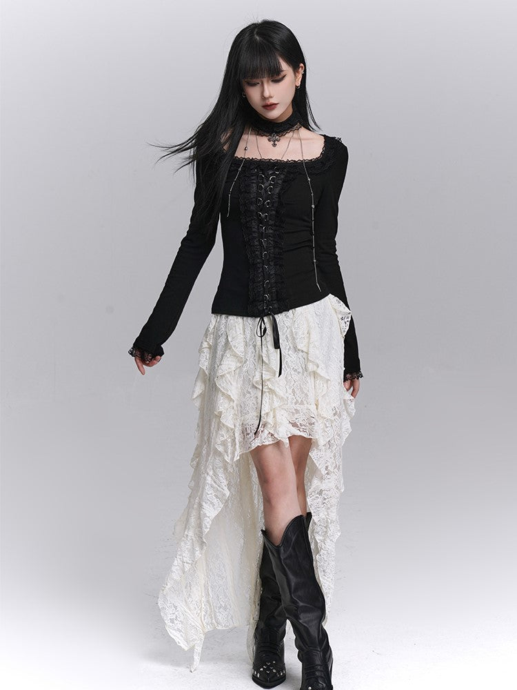 Back with Gothic for Skirt Halloween Asymmetrical Lace Floor-Length Apricot Dramatic