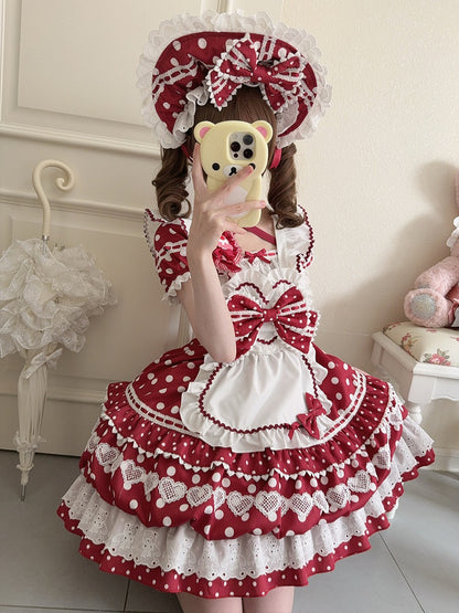 Red Dress Neckline Lolita White Short Polka Apron Sleeves Square Dots with