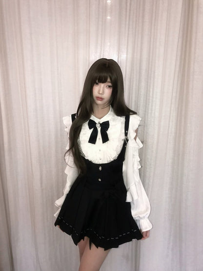 Bow Details Kei Sleeve Blouse White Cutout Shoulder Lace Jirai Ruffle Long With