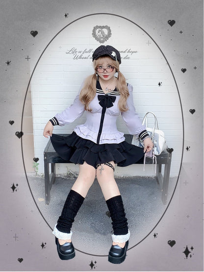 Stufenrock Lila + Schwarze Bluse mit Matrosenkragen und Ärmeln – Uniform Bishop Plus Size JK