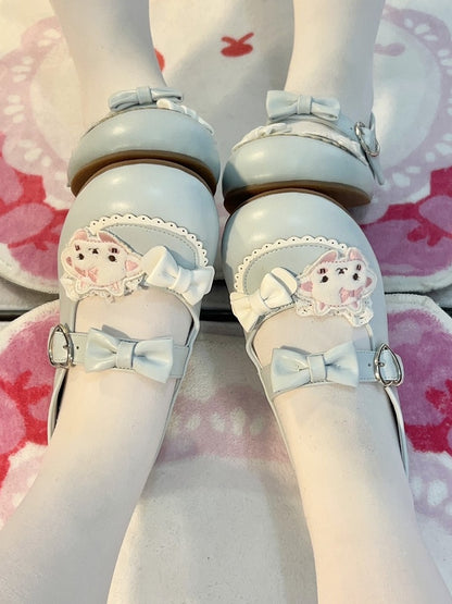 Themed with Sheep Heart Snap Blue Bow PU Decor Jane Sweet Lolita Closure Shoes Mary