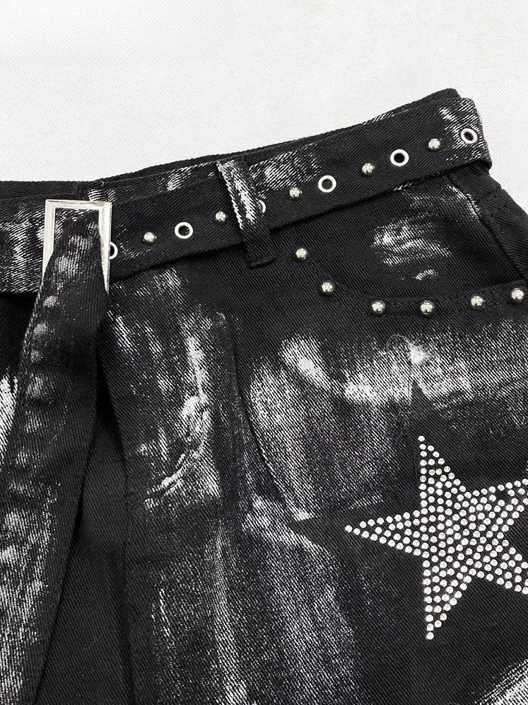 Star Cross Applique Skirt With Glamorous Black Y2K Rhinestone Leg Warmers