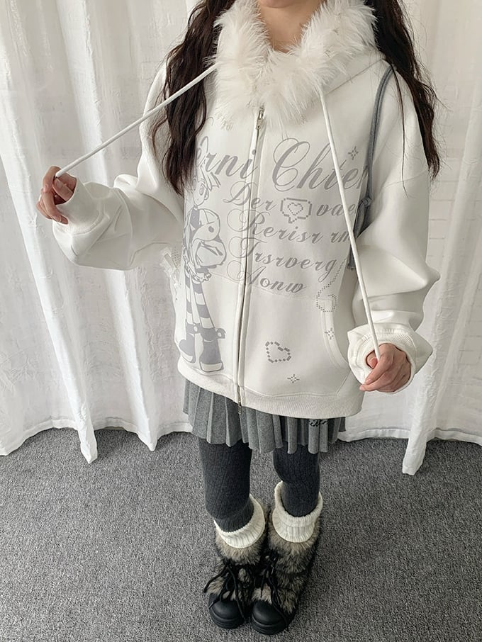 Haut à capuche blanc en peluche style Y2K avec bordure de veste