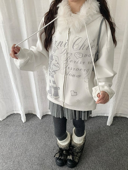 Haut à capuche blanc en peluche style Y2K avec bordure de veste