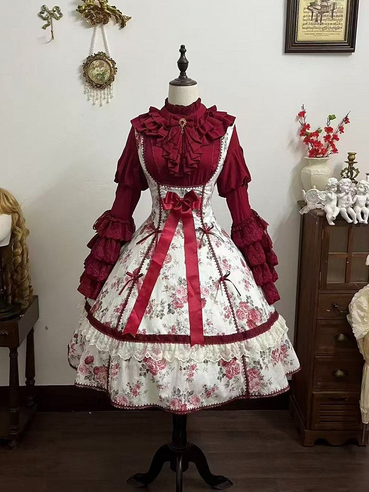 Old School Cotton Lolita JSK Gown with Floral Print & Lace Detailing - Qian Mu