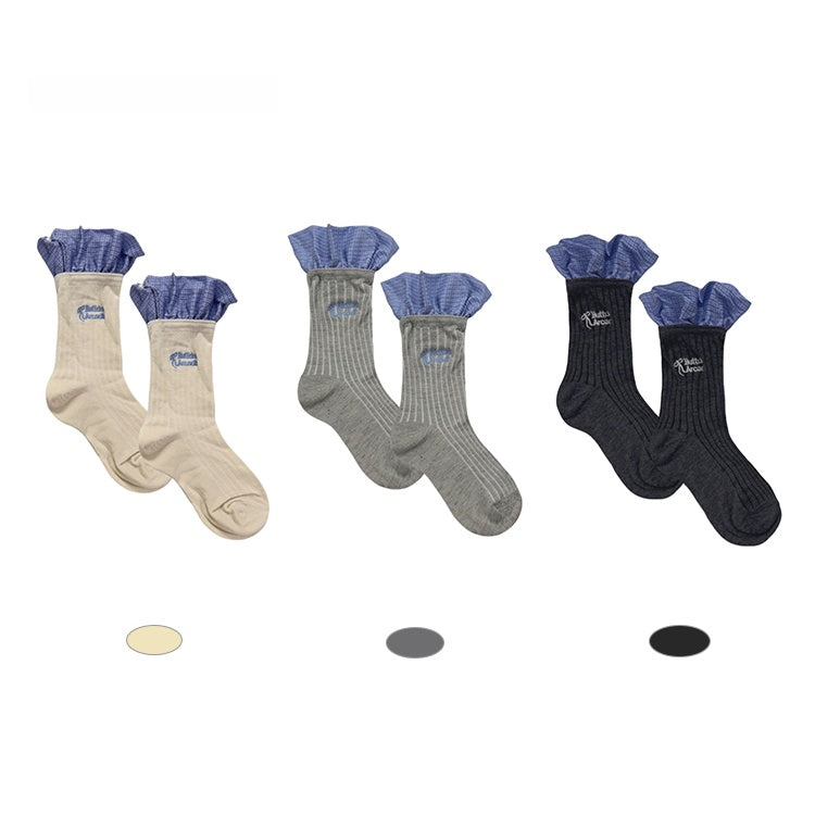 Socks Striped Colors Pattern Ruffles Embroidery Blue 3 Cotton Letter with Vertical Plaid