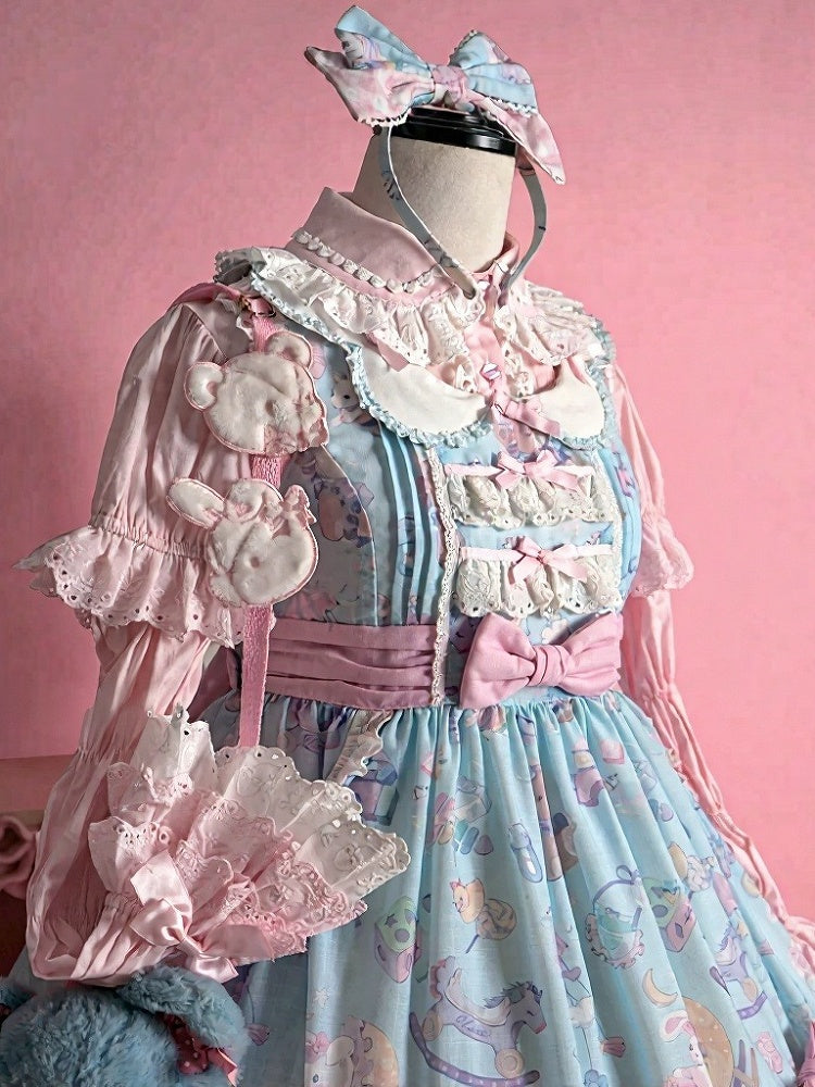 Adorable Lolita JSK Gown in Blue and Pink with Bow and Pocket Accents - Vcastle