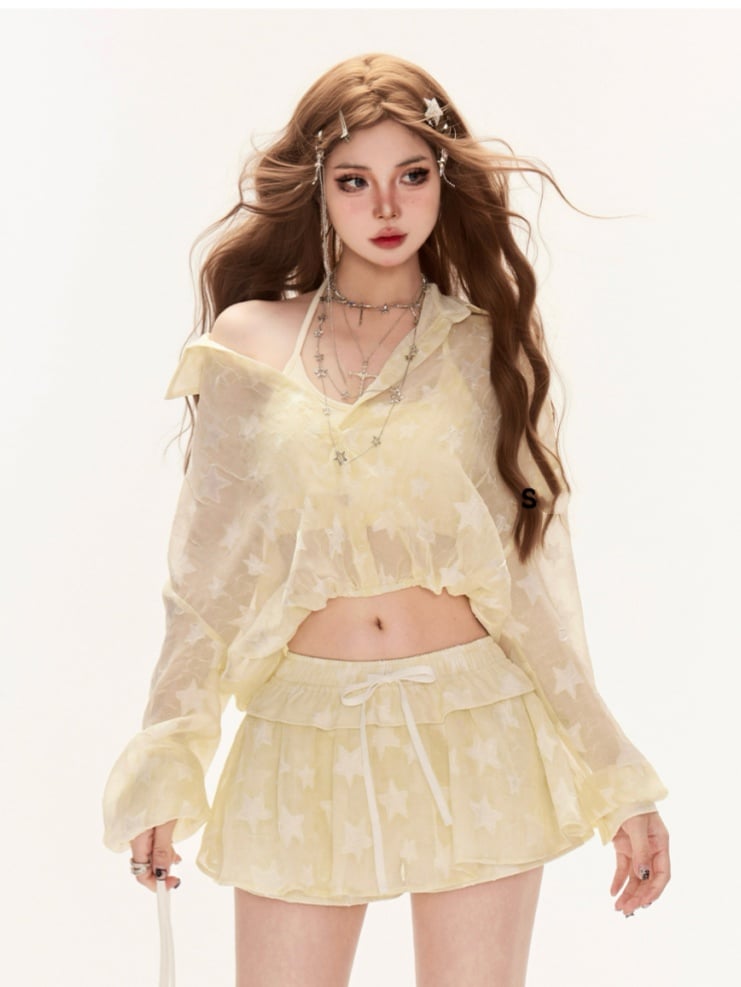 ウエストミニスカート イエロー オールオーバー ドローストリング スタープリント