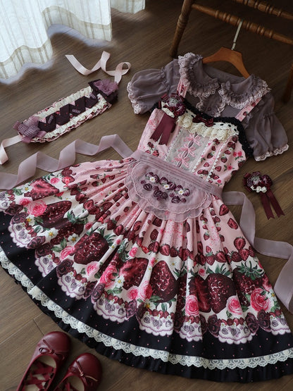 Strawberry Pink Short Puff Sleeve Polka Dot Lolita Dress - Whispering Isle