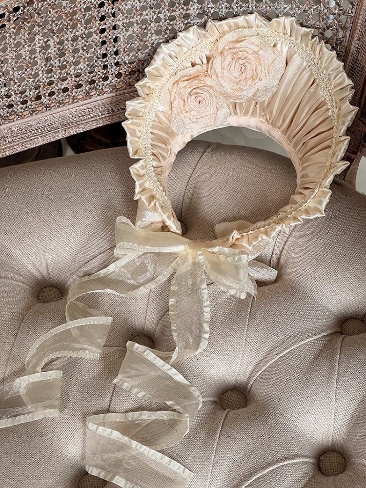 with Bonnet Ruffled Rosette Apricot/Black/White/Red Accents Lolita Detachable