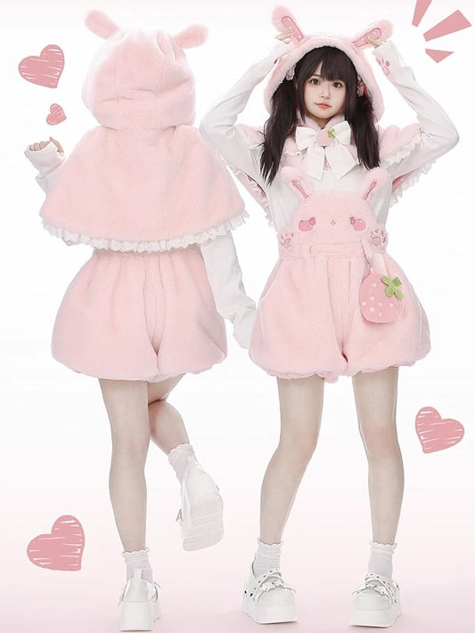 Pink Bunny Ears Plush Hooded Cape with Strawberry Bowknot