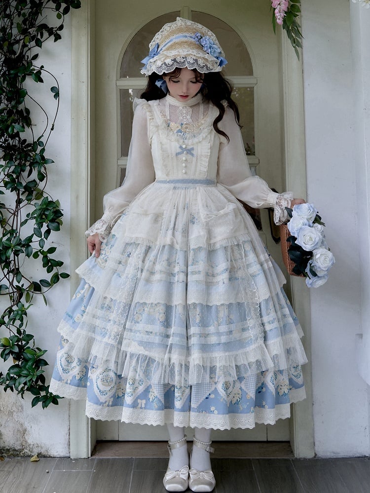 Classic Lolita Blue Skirt Dress Daisy Basket Tiered Jumper Floral Print and Flower