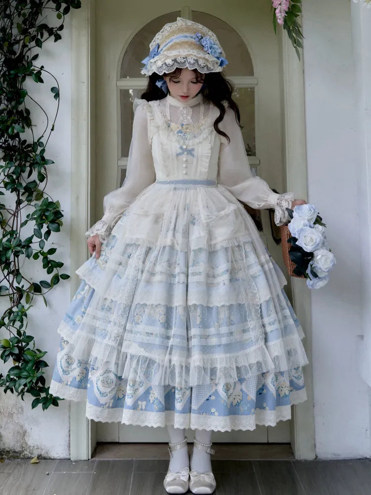 Classic Jumper Blue Skirt Floral Dress Basket and Flower Tiered Daisy Print Lolita