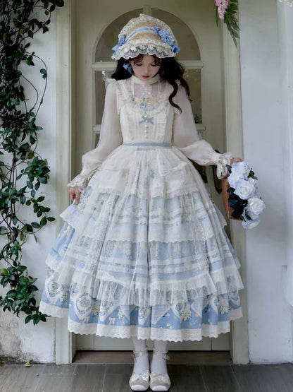 Classic Jumper Blue Skirt Floral Dress Basket and Flower Tiered Daisy Print Lolita