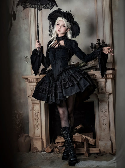 + Black Gothic Boning Set Lace Waist Top Bolero Neck Lolita Skirt Full Halter Corset All Sleeves - Cropped
