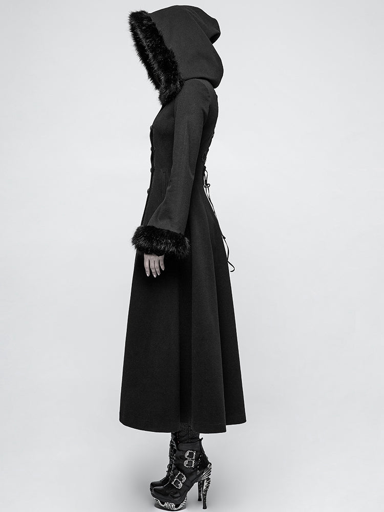 Black Gothic Long Disc Worsted Coat Flowers