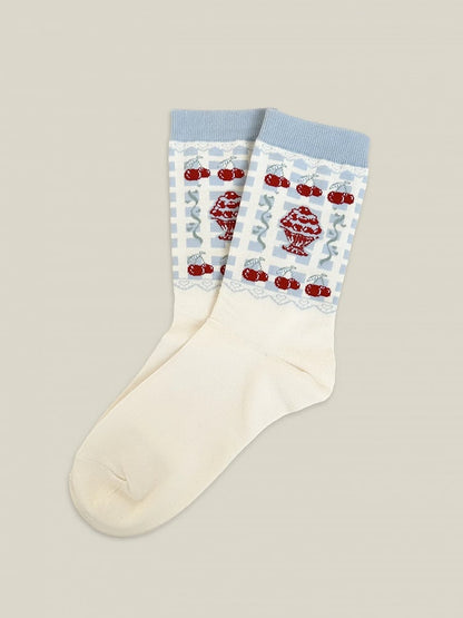 Red / White / Blue Cherry Pattern Cotton Socks