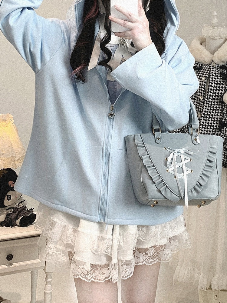 Jirai Crossed Bunny Kei Otaku Hood with Zip-Up Ears Hoodie