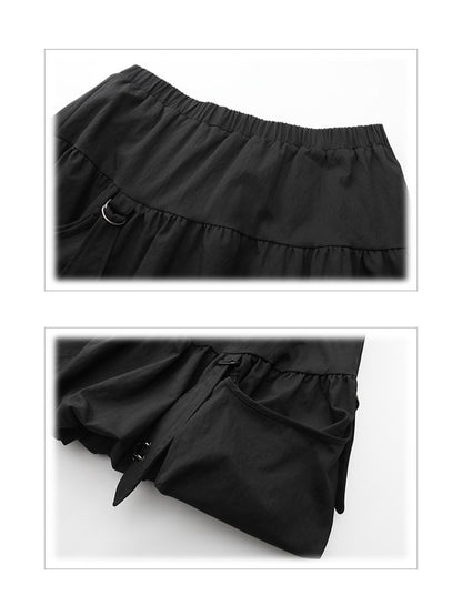 Skirt Hooked Black Plus Elastic Bubble with Knee-Length Waist Size Pockets