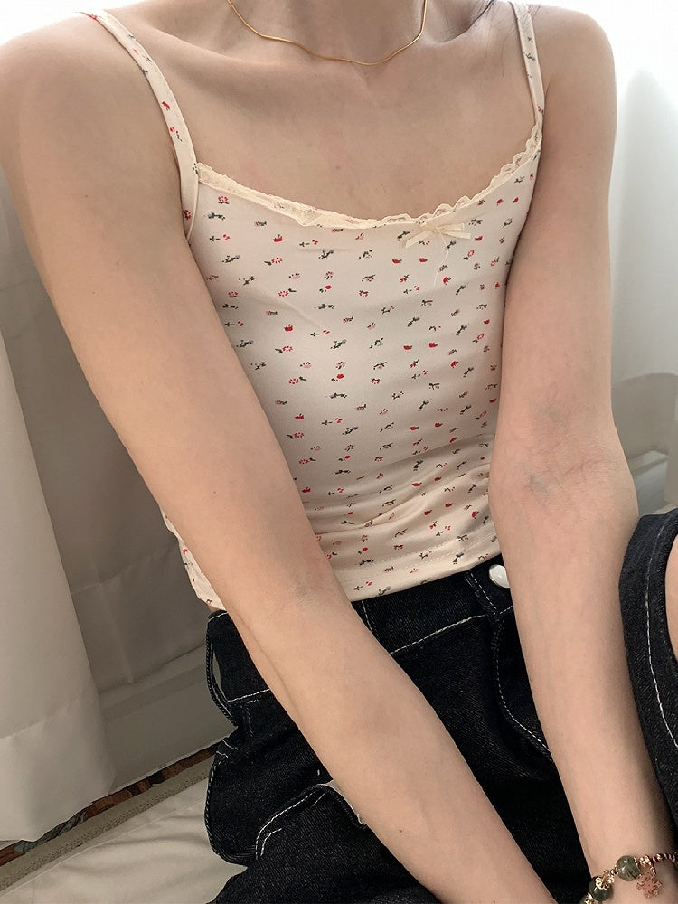 Top Beige/Weiß Print Cami Blumenspitze Trim Bowknot verziert