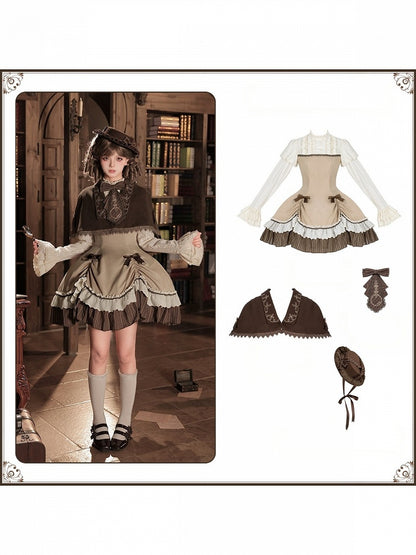Brown Striped Faux-Layered Lolita Dress Set with Drawstring, Cape, Jabot & Mini Hat - With PUJI
