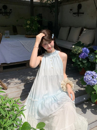 Leichter Rock mit Knöpfen, ärmelloses Kleid mit Neckholder, Bubble Blue, Rüschen, Perlen