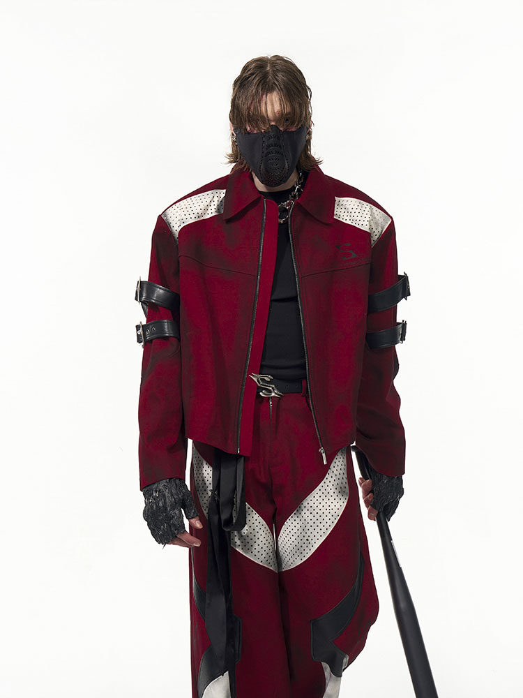 with Buckle Strap Jacket Design Distressed Unisex Short Red