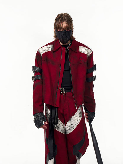 with Buckle Strap Jacket Design Distressed Unisex Short Red