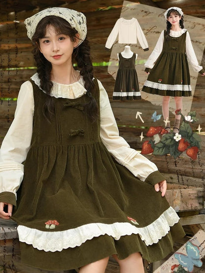 Green Mori Kei Bowknot Details Corduroy Overall Dress