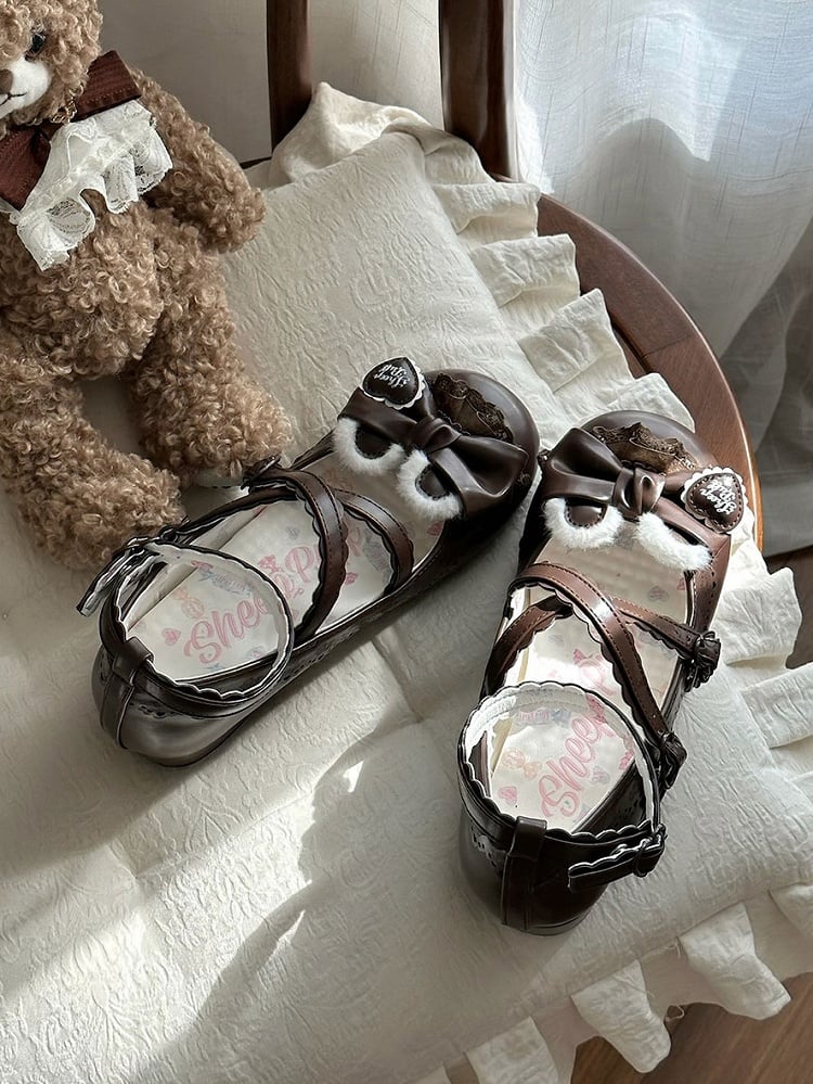 Bow Ear Snap Heels Plush Edge Lolita - Adjustable Heart Low Decor Sweet Scalloped Bear Brown with Top