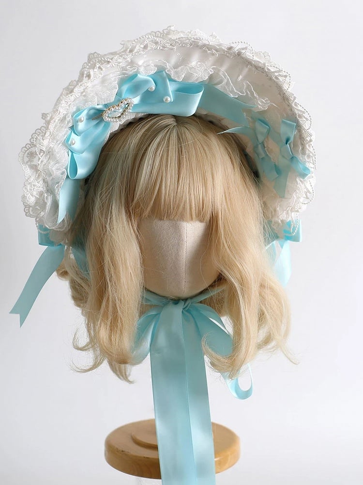 Lake Design Accent Blue Satin - Lolita Bow Pearl Lace Bonnet Light White