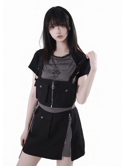 Gray Colorblock Design and Black Techwear T-shirt Lace-up Front