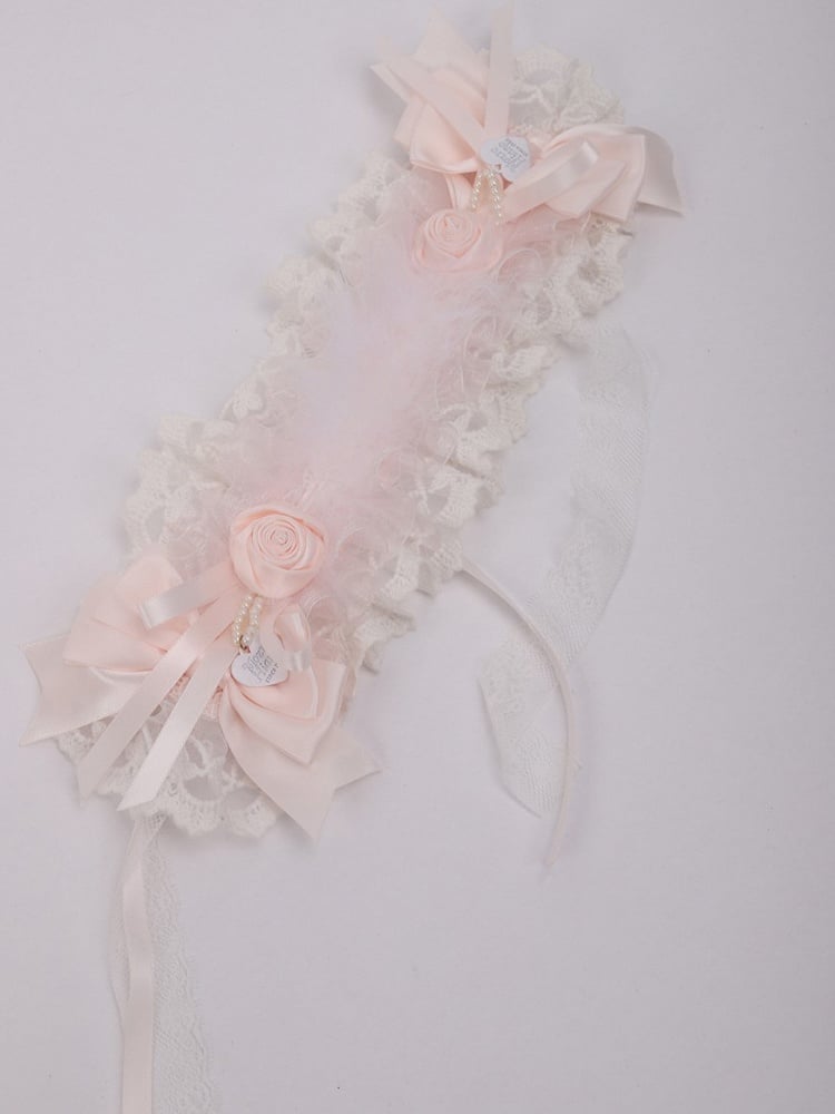 and Lace Hairband Lolita White Pink Sweet with Rose Decor Feather