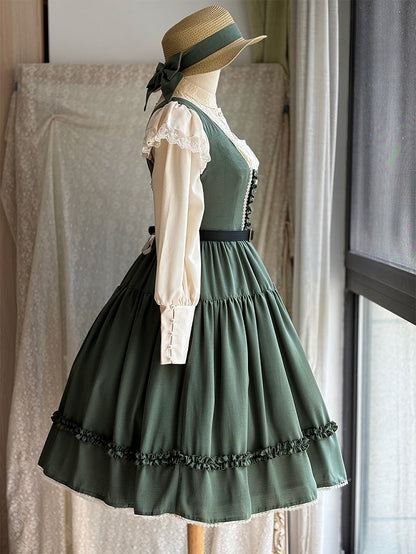 Green Elegant Classic Lolita JSK Dress with Ruffled Front Placket and Lace Trim