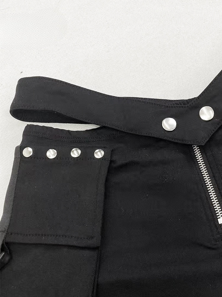 Vintage Black Cargo Pockets Glamorous Slim-fitting Shorts