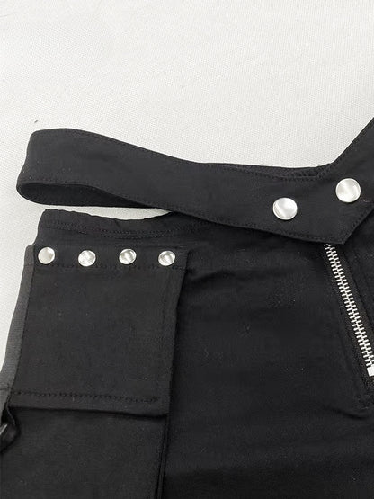 Vintage Black Cargo Pockets Glamorous Slim-fitting Shorts