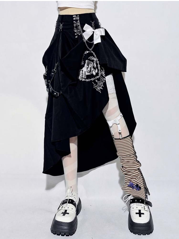 パンクなブラックピンチェーンアシンメトリーヘムキティ取り外し可能ボウスカート