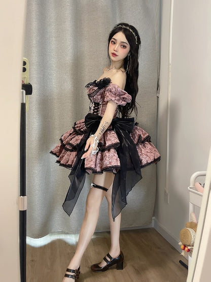 and Pink Floral Skirt with Dark Black Lolita Multi-Layered Dress OP Texture