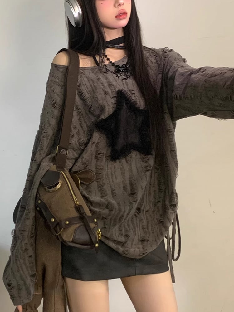 with Hem Distressed Graphic Tie Top Hole Gray Star Off-Shoulder Detail